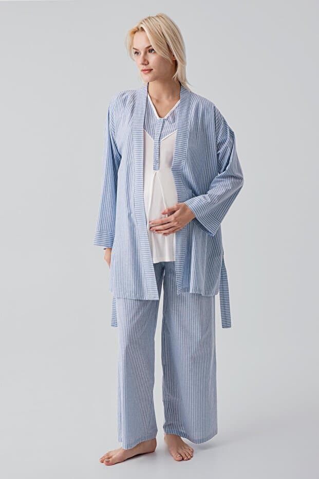 Artış Kısa Kollu Çizgili Düğmeli Dokuma Pamuklu Esnek Viskoz Hamile Sabahlık Pijama Takım